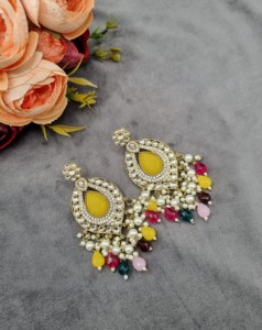 Handcrafted Tear Drop Antique <b>Gold</b> Plated Faux Gemstone Pearl Cluster <b>Dangle</b> <b>Earrings</b> For Women Reception Party Wear Collections - Product Image 5