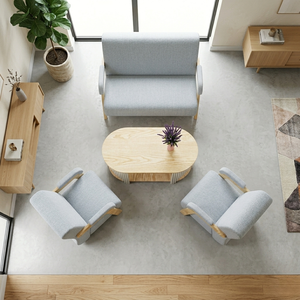 Ensemble de fauteuils en tissu gris clair avec structure en bois, meubles de salon minimalistes, design moderne, finition mate écologique - Product Image 5