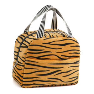 premium <b>leakproof</b> thermal food carrier durable plush leopard print <b>lunch</b> organizer with striped handles and front pocket - Product Image 2