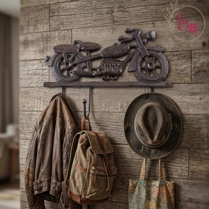 Porte-manteau mural auto-adhésif robuste à 3 crochets en fonte vintage, motif perles et moto, CIH 244 pour vêtements - Product Image 3