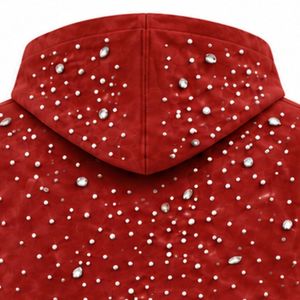 Sudadera con capucha roja ladrillo perlada con cremallera completa, chaqueta de moda urbana con tachuelas de perlas, sudadera informal con capucha de manga larga y bolsillos - Product Image 4