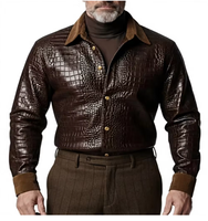 Veste en cuir PU marron pour homme, effet crocodile, col rabattu, bouton unique, coupe ajustée, style moto, vêtement d'hiver pour homme, effet croco