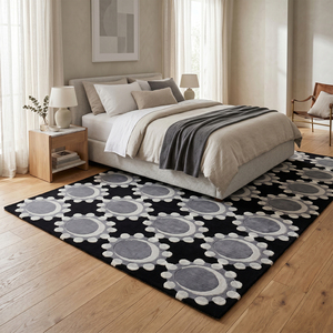 Tapis rectangulaire géométrique noir et gris en laine fait main, antidérapant, écologique, à poils épais, avec motif halo médaillon, pour salon - Product Image 3