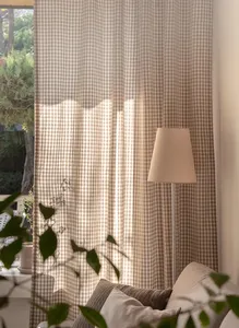 Plaid Brown <strong>Gingham</strong> Modern Checkered Panel Cotton Linen Window Drapes Eco-Friendly Customizable French Window <strong>Curtains</strong> Living - Product Image 3