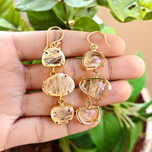 Natural golden rutile quartz triple drop <b>earrings</b> 18k gold plated <b>hook</b> dangle gemstone jewelry prong setting stone ear adornment - Product Image 5