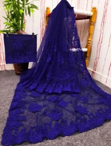 Sari de Viscosa Bordado Reversible y Sin Arrugas KV (Azul) para Fiestas y Eventos - Product Image 4
