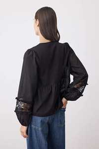 Blusa Blanca de Encaje con Cuello en V y Mangas Abullonadas para Mujer, con Lazo Delantero, Estilo Casual Holgado, Moderno y Romántico para Invierno, Primavera y Verano, ODM - Product Image 2