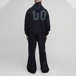ชุดเซ็ตสตรีทแวร์วินเทจสีดำฟอกกรดแบบซิปเต็มตัว พร้อมกางเกงวอร์มขาบานและเสื้อฮู้ดดี้สำหรับผู้ชาย - Product Image 2