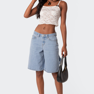 Premium Quality 100% Cotton Denim Shorts Women Casual Vintage Mid Waist Stylish Distressed Wash OEM Design - Product Image 1
