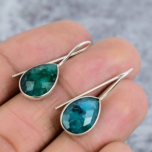 Emerald Pear Cut Gemstone 925 <b>Sterling</b> <b>Silver</b> Handmade Bezel Setting Trendy Earrings for Women - Product Image 3