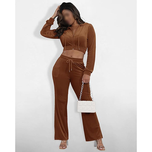 Conjunto de sudadera corta de terciopelo y pantalones jogger para mujer, con cremallera completa, manga larga, color sólido, ropa informal para estar en casa, chándal de dos piezas - Product Image 4