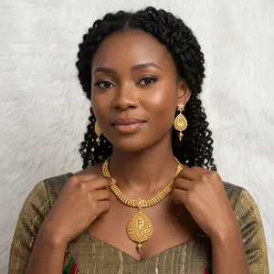 Long Flower Shape Box Chain <b>Necklace</b> Set Gold Plated Brass for Wedding & Party - Product Image 3