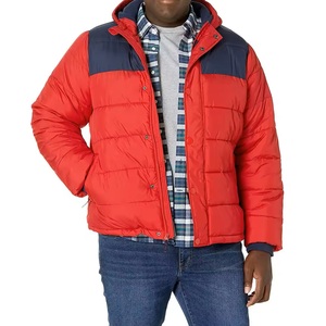 Men's <b>Red</b> <b>Hooded</b> Puffer <b>Jacket</b> Color Blocking Windproof Casual Winter Wear Polyester Shell Regular Fit Button Closure - Product Image 5