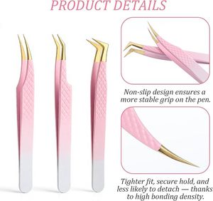 Pince à épiler de précision antistatique KHADMI IMPEX pour extensions de cils avec pointe en fibre, options droite/courbe/volume, plaquée or - Product Image 2