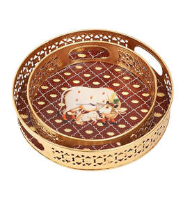 Juego de 2 bandejas doradas pichwai para regalar, bandejas decorativas para festivales, juego de bandejas pooja - Product Image 2