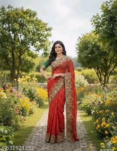 Sari en Georgette Imprimé Exquis avec Broderie de Designer et Blouse Non Cousue en Soie Monofilament Brodée Assortie - Product Image 3