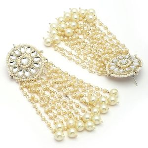 Pendientes Kashmiríes de Lujo Chapados en Oro para Mujer |   Pendientes Étnicos Tradicionales con Piedra Verde y Borlas de Perlas |   Nupcial - Product Image 3