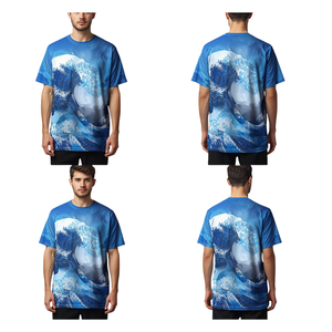 เสื้อยืดผู้ชายสีน้ำเงินรอยัล พิมพ์ลายดิจิตอลรูปคลื่น ทรงโอเวอร์ไซส์ สไตล์ลำลอง แฟชั่นสตรีทแวร์ - Product Image 3