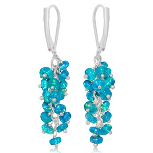 Blue <b>Opal</b> Sterling Silver Rhodium Plated Dangle Drop <b>Earrings</b> Beaded Chain Flower Design for Women-Wedding Engagement Gift - Product Image 1