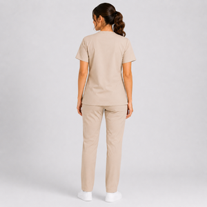 Conjunto de uniforme médico para mujer, color beige, cuello en V, tela de algodón y poliéster, pantalones elásticos, conjunto de blusa y pantalón para trabajo médico. - Product Image 3