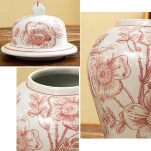 Jarrón de Cerámica con Tapa, Estilo Chino Tradicional, Decorativo, de Porcelana, con Diseño Floral de Rosas Rojas - Product Image 3