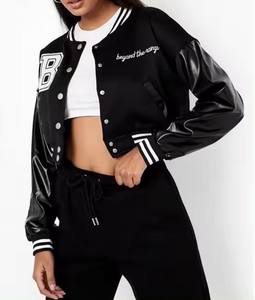 Veste bomber de baseball universitaire noire courte pour femme avec manches en cuir, broderies chenille personnalisées 2024, fabrication OEM - Product Image 2