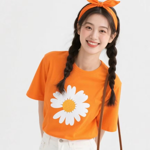 Camiseta Ecológica Estampada (Estampado Gráfico) para Mujer, Cuello Redondo, Manga Corta, Corte Regular, 95% Algodón, Tejido de Punto, Primavera/Verano, Naranja - Product Image 1