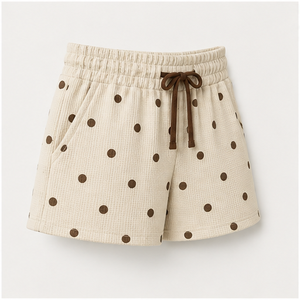 Pantalones Cortos de Salón para Mujer, Personalizados, Color Marfil con Puntos, Corte Holgado Estilo Boxer, con Cordón Ajustable, de Algodón con Tejido Waffle - Product Image 4