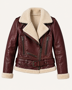 Chaqueta de Aviador de Piel Genuina de Primera Calidad para Mujer, Abrigo de Invierno Cálido Estilo Motero con Cierre de Cremallera y Detalle de Cinturón - Product Image 1
