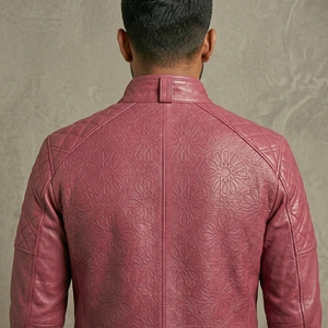 <b>Men's</b> Pink PU Leather <b>Jacket</b> Stand Collar Quilted Embossed Design Zipper Closure Slim Fit Autumn Wear Leather <b>Jacket</b> With OEM - Product Image 6