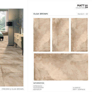กระเบื้องพอร์ซเลน OLGA BROWN รุ่น Matt ขนาด 600x1200 มม. รูปแบบแผ่นใหญ่ พื้นผิวพรีเมียม กันลื่น สำหรับผนังและพื้น ตกแต่งภายในและภายนอกอาคารทันสมัย - Product Image 1