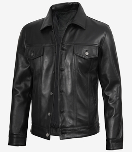 Veste moto en cuir véritable noir pour homme, col rabattu, fermeture à boutons, coupe classique, style automne - Product Image 3