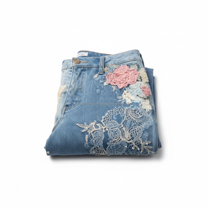 Jeans évasés taille haute à sequins floraux en maille respirante, personnalisables OEM, vente en gros - Product Image 5