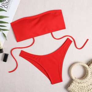 Ensemble de bikini bandeau vert uni pour femme avec bas de maillot de bain string à cordon en Spandex et Polyester extensible - Product Image 5