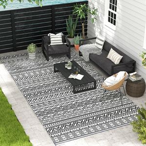 Portable 9x18 <b>Boho</b> Outdoor Rug Reversible Gray and Cream White with Carry <b>Bag</b> for RV Camping Patio Mat - Product Image 2