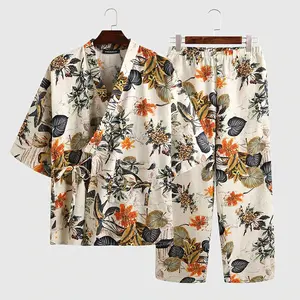 Cinoon — ensemble de nuit Kimono Vintage pour hommes, vêtements de nuit, imprimé d'été, Cardigan, chemisier, pantalon élastique, doux, vidéosurveillance
