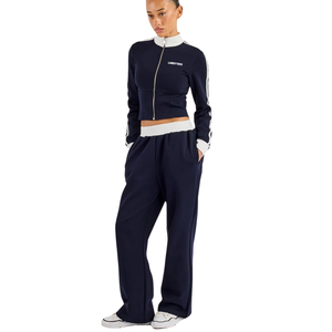 <b>Womens</b> Cropped Full <b>Zip</b> High Collar Tracksuit Set Contrast Trim Sleeve <b>Top</b> Wide Leg Trousers Elastic Waist 2 Piece Casual Outfit - Product Image 1