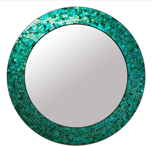 Espejo de Pared Redondo con Mosaico Verde Esmeralda Hecho a Mano, con Marco de Azulejos de Vidrio Texturizado, Espejo Decorativo Elegante para Sala de Estar - Product Image 1