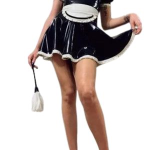 Robe Courte Sexy en Similicuir Noir avec Volants, Manches Courtes, Taille Haute, Coupe Moulante pour Fête, Toutes Saisons, Couleur Unie - Product Image 3