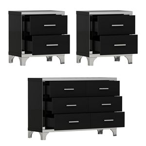 Elegante Set Camera da Letto 3 Pezzi con Cassettiera, Due Comodini, Maniglie in Metallo e Decorazione a Specchio - Product Image 4