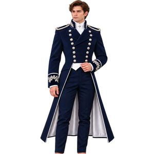 Costume de mariage bleu pour homme, style veste de queue-de-pie victorienne, double boutonnage, boutons argentés, brodé, ensemble veste et pantalon formel pour le marié - Product Image 1