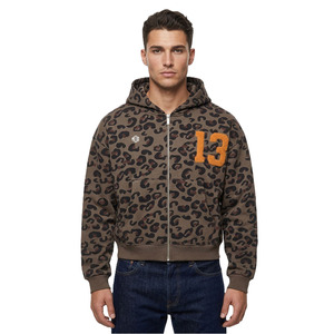 เสื้อฮู้ดซิปพิมพ์ลายเสือดาวสำหรับผู้ชาย ผ้าเชนิลล์ปักโลโก้ตามสั่ง ผ้าฝ้ายฟลีซ สตรีทแวร์ เสื้อฮู้ดซิปเต็มตัว ทรงโอเวอร์ไซส์ สวมใส่สบายๆ - Product Image 1