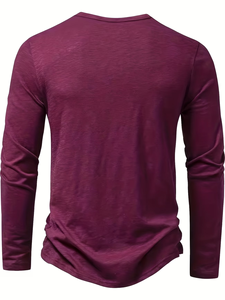 Men's Slim Fit Long Sleeve Henley T-Shirt Stand-Up Collar Solid Color Breathable Knitted Cotton Casual Wear <b>Back</b> Logo 220g Made - Product Image 3