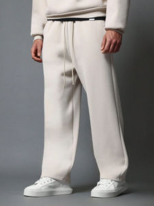 Men's Beige Fleece Tracksuit Two Piece Set Oversized Pullover <b>Hoodie</b> And Wide Leg Sweatpants Casual <b>Plain</b> Sportswear Activewear - Product Image 4