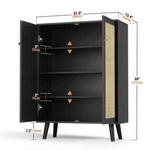 Modern black Wood and Rattan Two Door <b>Storage</b> Cabinet with Black Finish Modern Organizer for Living Room Bedroom and Office - Product Image 3