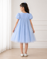Gaun Pesta Putri Anak Perempuan Mewah Warna Biru Langit dengan Cetakan Glitter, Lengan Mengembang, dan Pita Mutiara 100% Poliester ODM