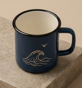 Premium Dark Blue Iron Enamel <b>Camp</b> Mug Custom Ocean Wave and Seagull Graphic Design Shatterproof Metal Coffee <b>Cup</b> for Hiking - Product Image 3