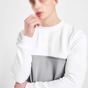 Sudadera de punto con cuello redondo y bloques de color para hombre, corte regular, algodón, informal, para otoño, blanca con panel gris - Product Image 4
