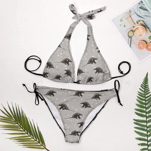 Women's Gray Animal Print Bikini Set Halter Neckline Tie Side Bottoms <b>Stretch</b> Fabric 2 Piece Swimwear - Product Image 5