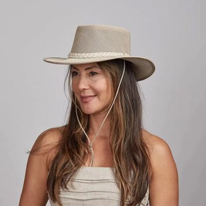 Sombrero de Vaquero de Cuero con Corona de Malla Beige, Transpirable, Estilo Occidental, Banda de Gamuza Trenzada, Unisex, Ala Ancha, para Verano, Deportes, Adultos - Product Image 3